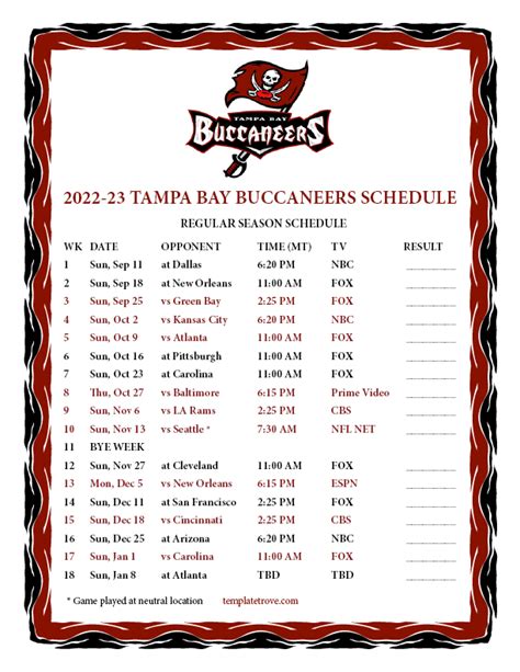 Printable Buccaneers Schedule 2022